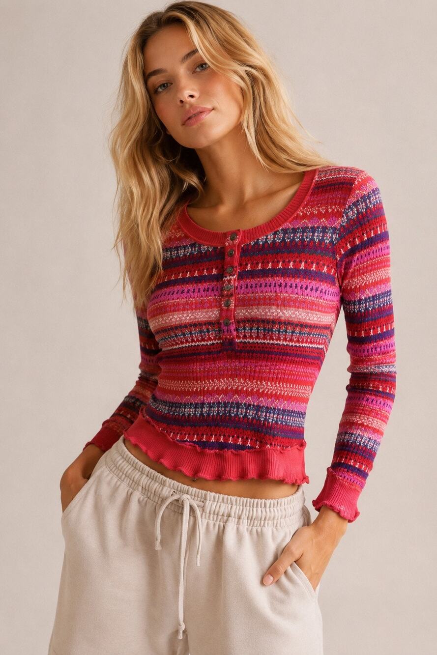 Free People Movement Rally Printed Layer Henley Fired Up Combo - Picture 1 of 8